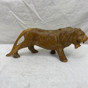 Vintage Hand Carved Wooden Lion Figurine Stamped Safari Wildlife Folk Art Decor